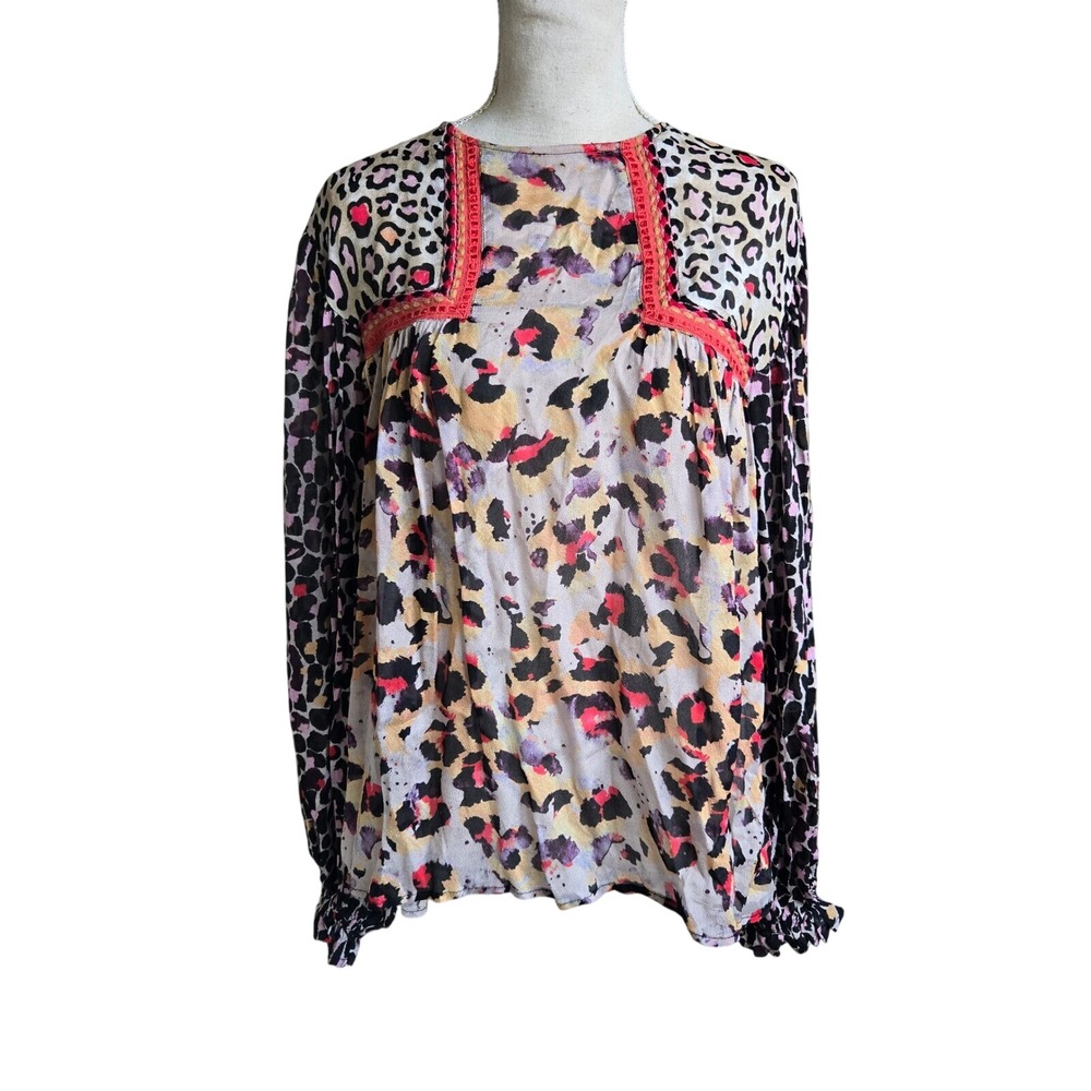Anthropologie XS Left Of Center Animal Leopard‎ Print Orange Long Sleeve Blouse